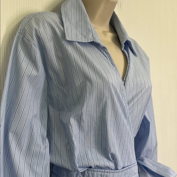 Lulus - Hamptons Aesthetic Blue White Striped Long Sleeve Wrap Dress Size Medium - Picture 6 of 13